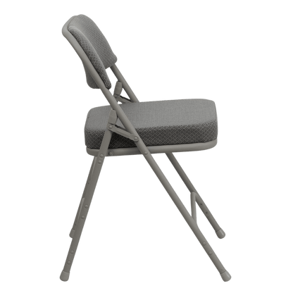 Two Hercules folding chairs with cushioned fabric seats, gray frame, easy-fold and space-saving seating.