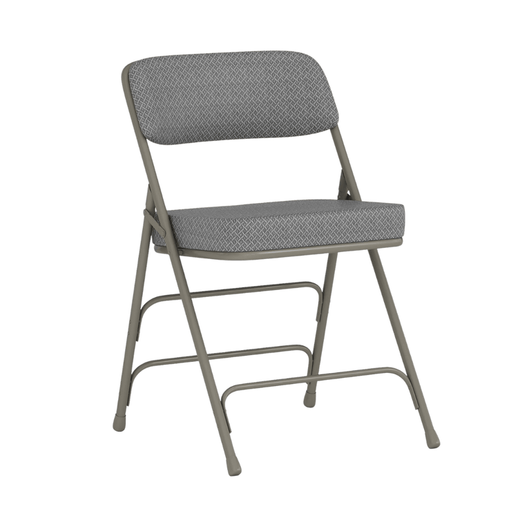 Gray folding chair with cushioned seat and back on a transparent background