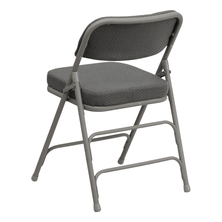 Gray folding chair with cushioned seat and back on a transparent background
