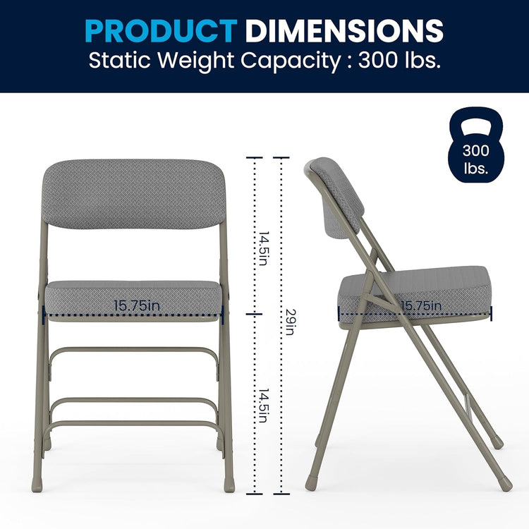 Gray folding chair with dimensions and weight capacity displayed