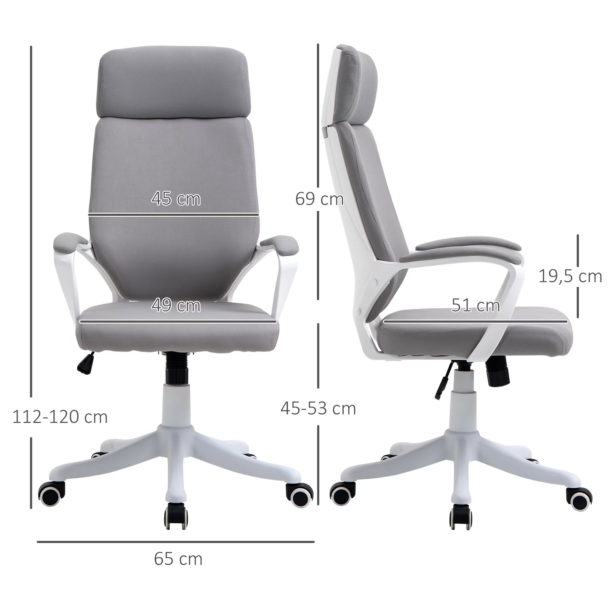 Gray office chair with dimensions labeled