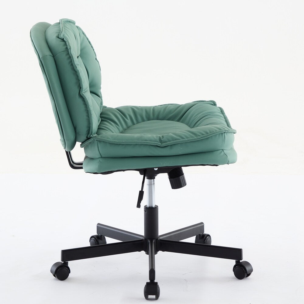 Green armless desk chair with oversized caster wheels on a five-star base.