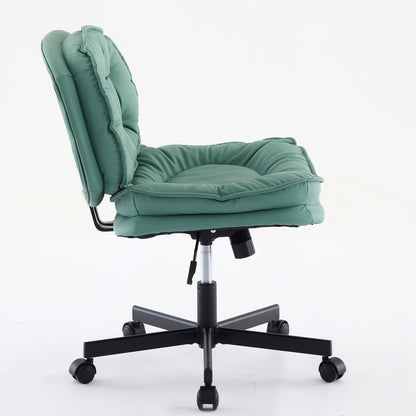 Green armless desk chair with oversized caster wheels on a five-star base.