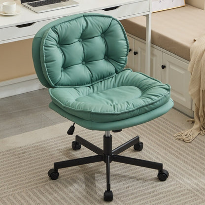 Green armless office chair with large caster wheels for easy movement across carpet, tile, and wood.