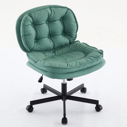 Green armless office chair with large caster wheels, padded seat and back on a five-star base (plain studio)