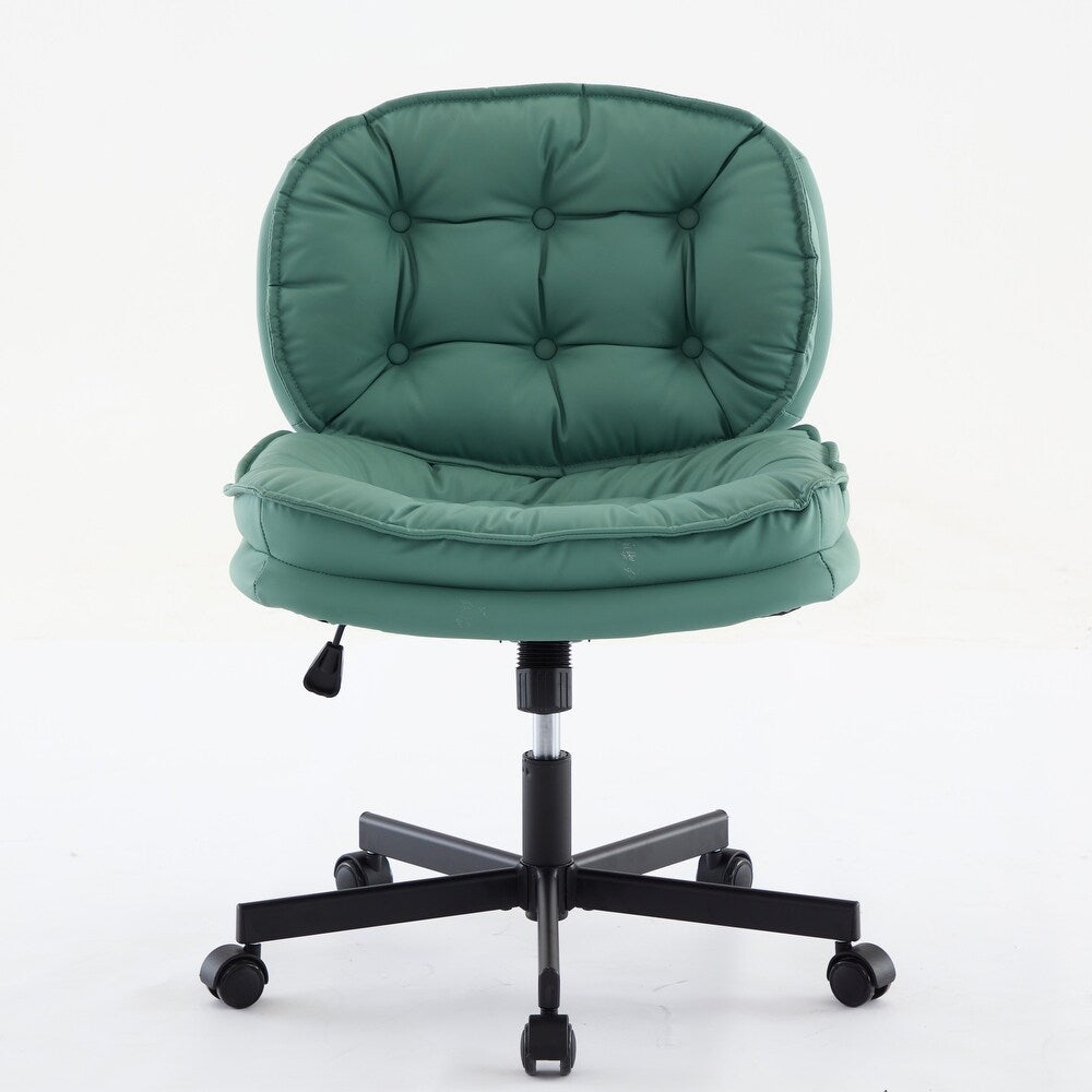 Green armless office chair with large caster wheels, tufted back, and adjustable height on a five-wheeled base.