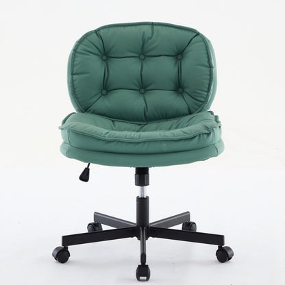 Green armless office chair with large caster wheels, tufted back, and adjustable height on a five-wheeled base (plain studio)