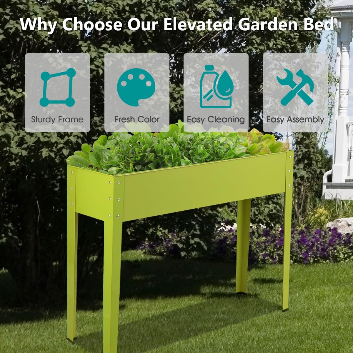 Green elevated garden bed with text highlighting features like sturdiness, color, cleaning, and assembly.