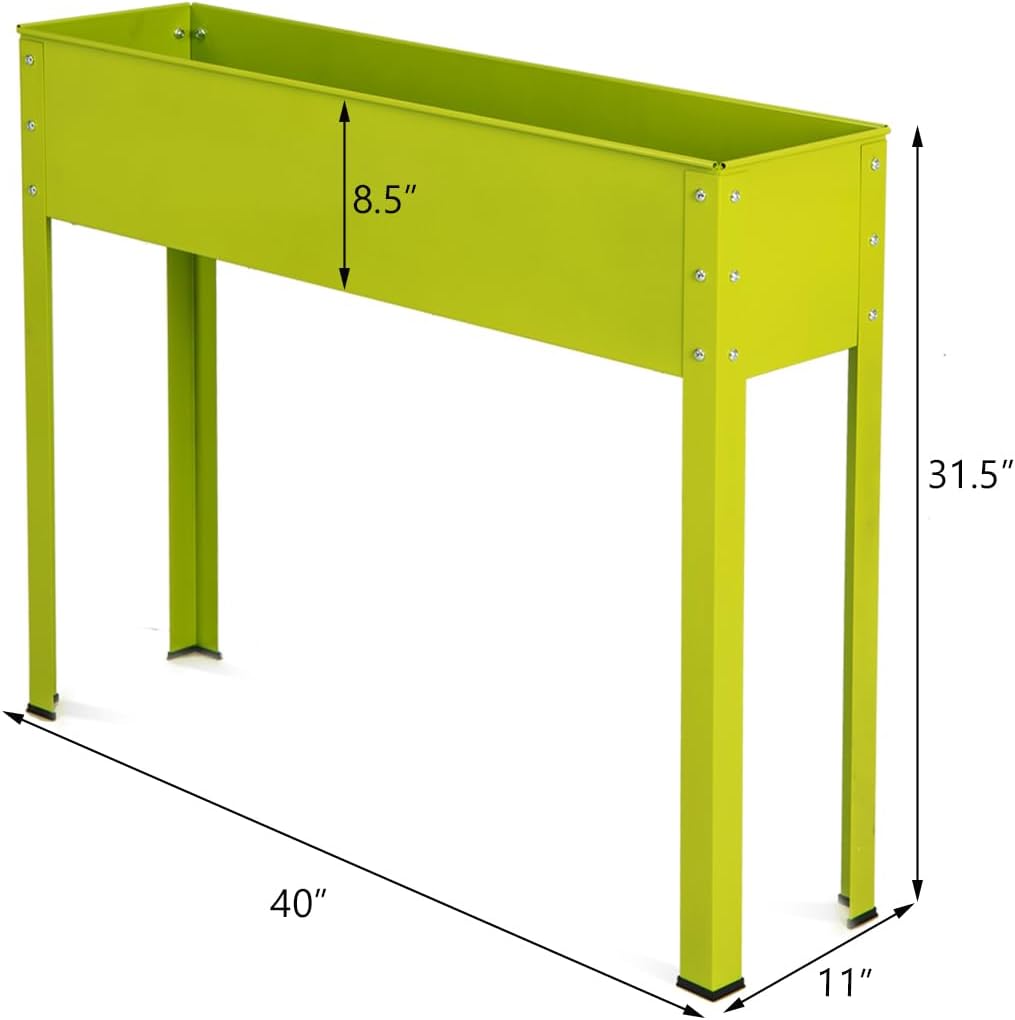 Green metal workbench with dimensions labeled on a white background