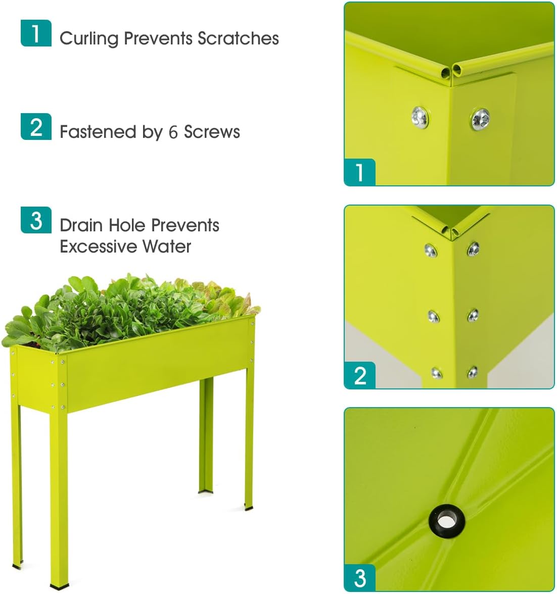 Green raised garden bed with features highlighted on a blue background