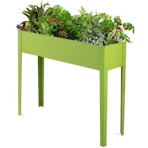 Green raised garden bed with plants and vegetables on a white background