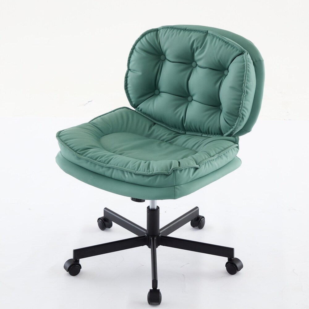 Green tufted armless office chair with large caster wheels on a black five-star base.