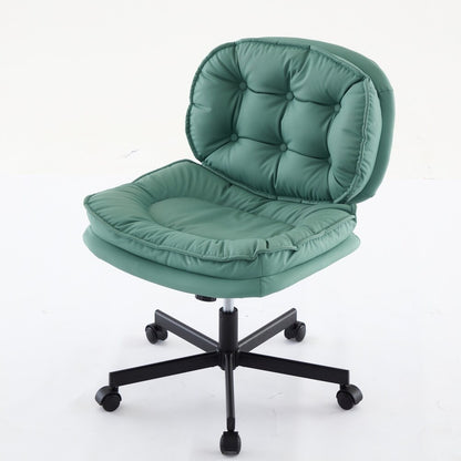 Green tufted armless office chair with large caster wheels on a black five-star base (plain studio)