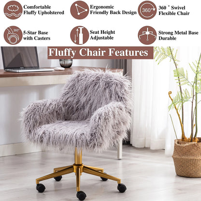 Grey faux-fur office chair with chrome base and adjustable height for desks (feature callout)