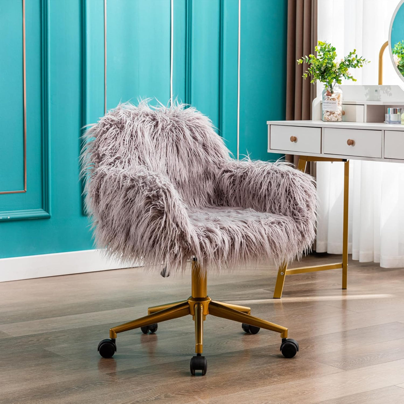Grey faux fur chair with chrome base and adjustable height in a stylish home office.