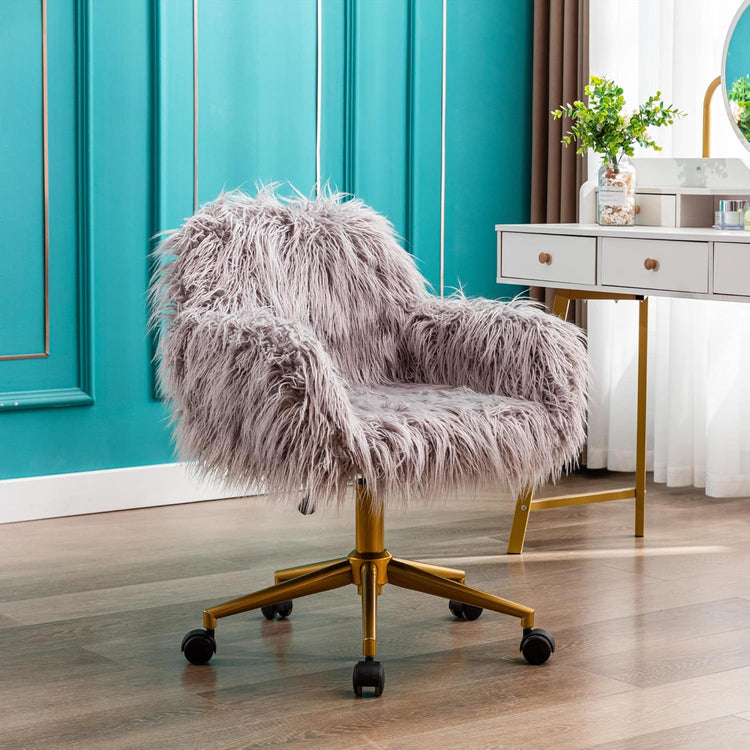 Grey faux fur chair with chrome base and adjustable height in a stylish home office.