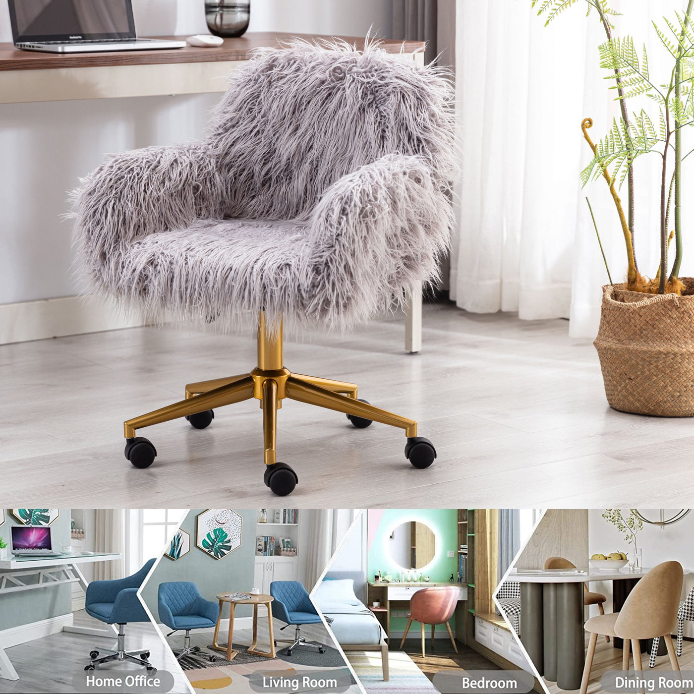 Grey faux fur chair with chrome base and adjustable height for desk alignment.