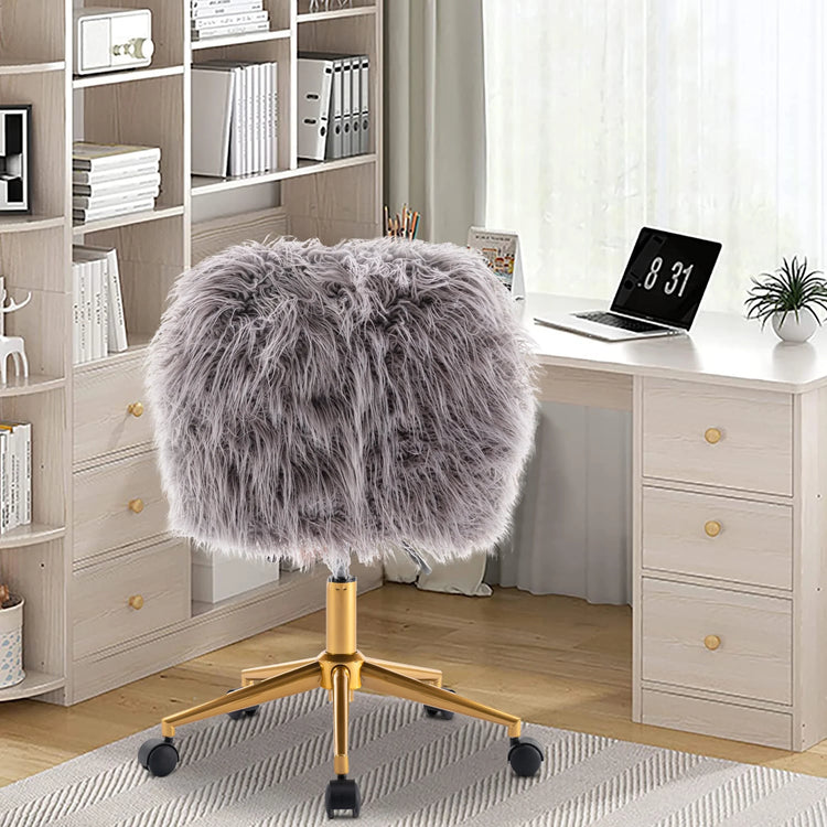 Grey faux fur chair with chrome base and adjustable height in a bright home office