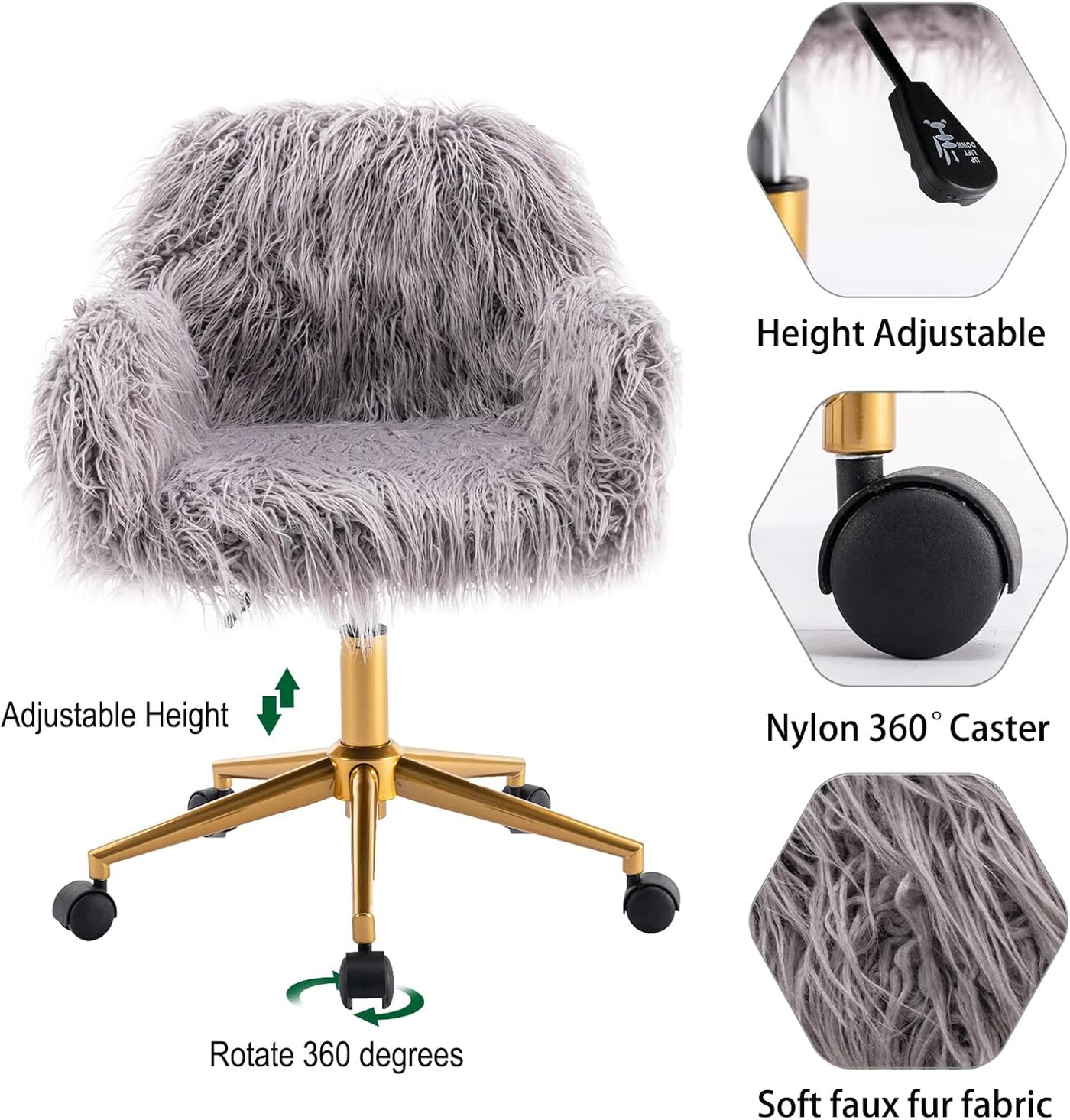 Grey faux fur chair with chrome base and adjustable height, on a gold 5-star base with 360° casters.