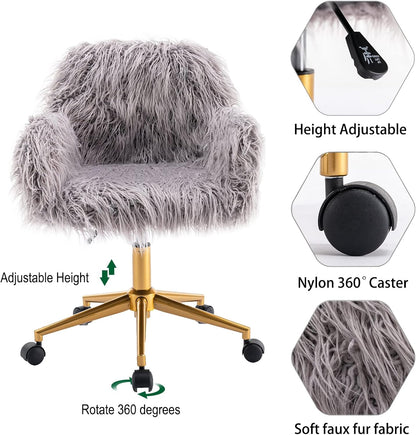 Grey faux fur chair with chrome base and adjustable height, on a gold 5-star base with 360° casters (feature callout)