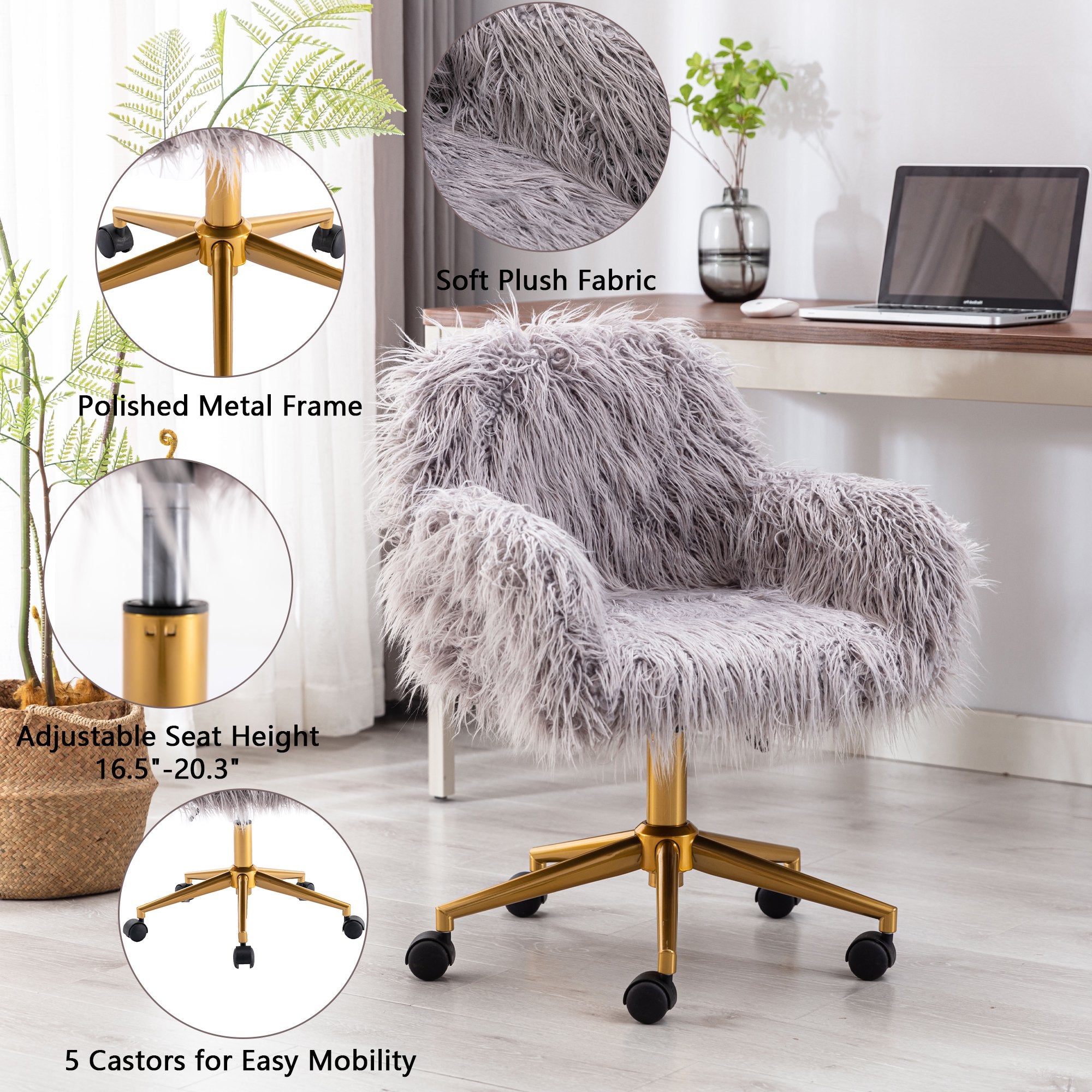 Grey faux fur chair with chrome base and adjustable height, 360° swivel.