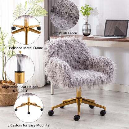 Grey faux fur desk chair with chrome base and adjustable height and five casters (feature callout)