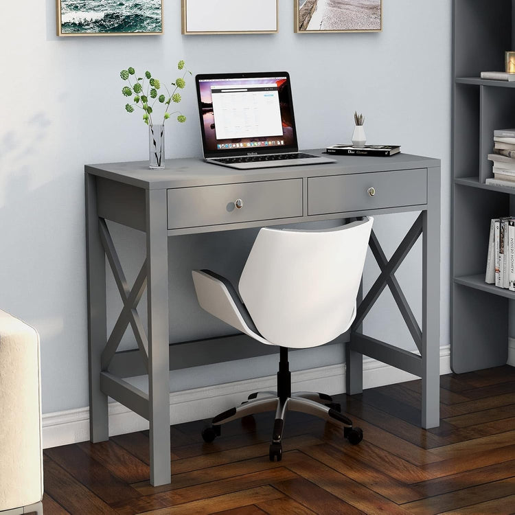 Grey home office desk with two drawers and X-frame legs, sturdy computer table for organized workspace.