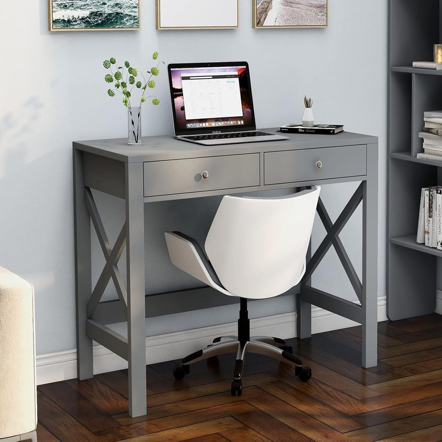 Grey X-Frame Office Desk with Two Drawers Farmhouse MDF