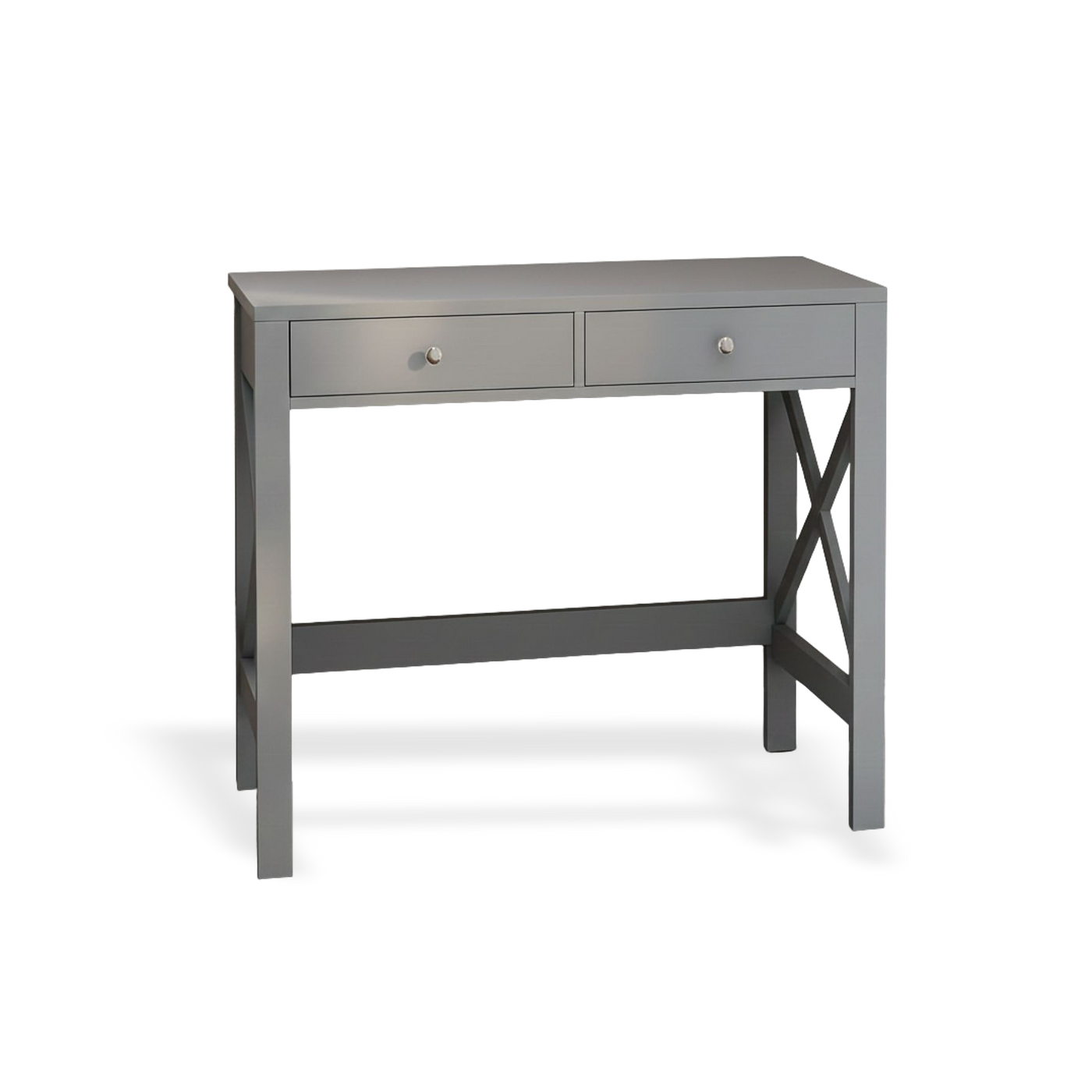 Grey home office desk with two drawers and an X-frame, sturdy computer table.