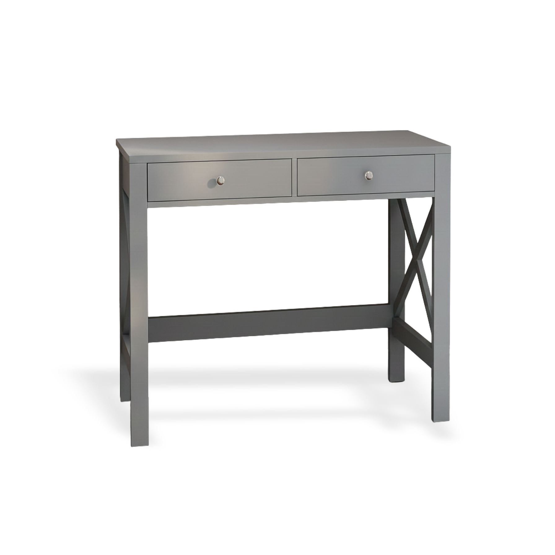 Grey home office desk with two drawers and an X-frame, sturdy computer table.