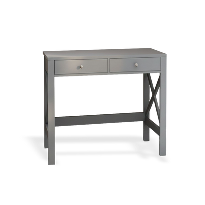 Grey X-frame office desk with two drawers on a #f3f3f3 studio background