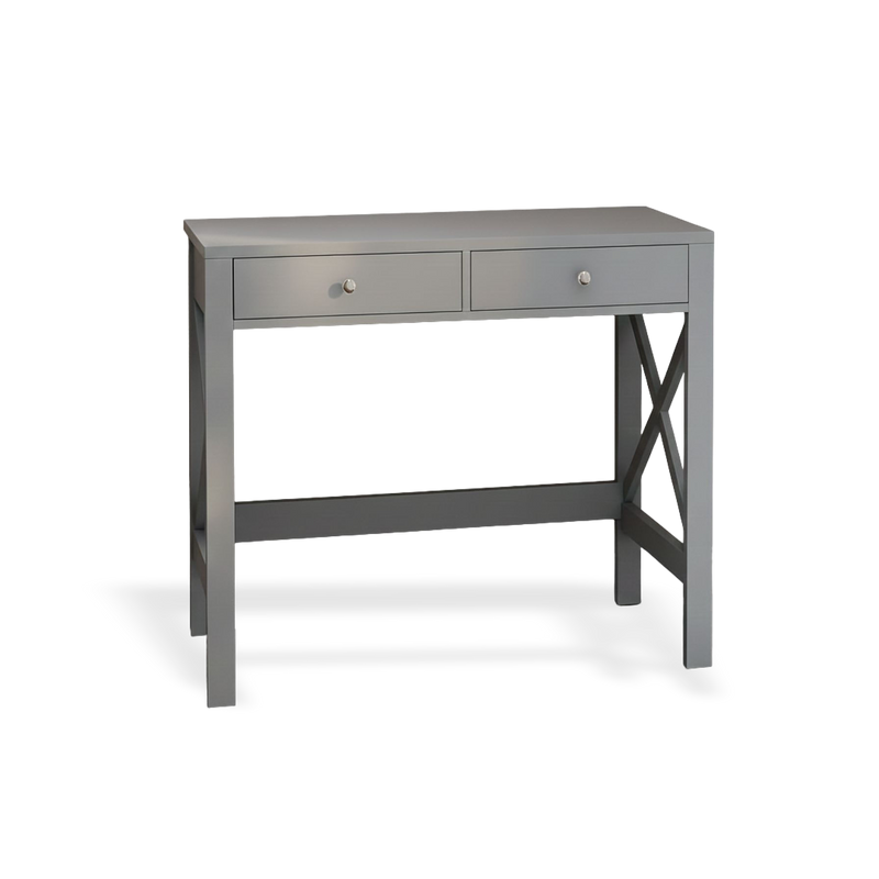 Grey home office desk with two drawers and an X-frame, sturdy computer table.