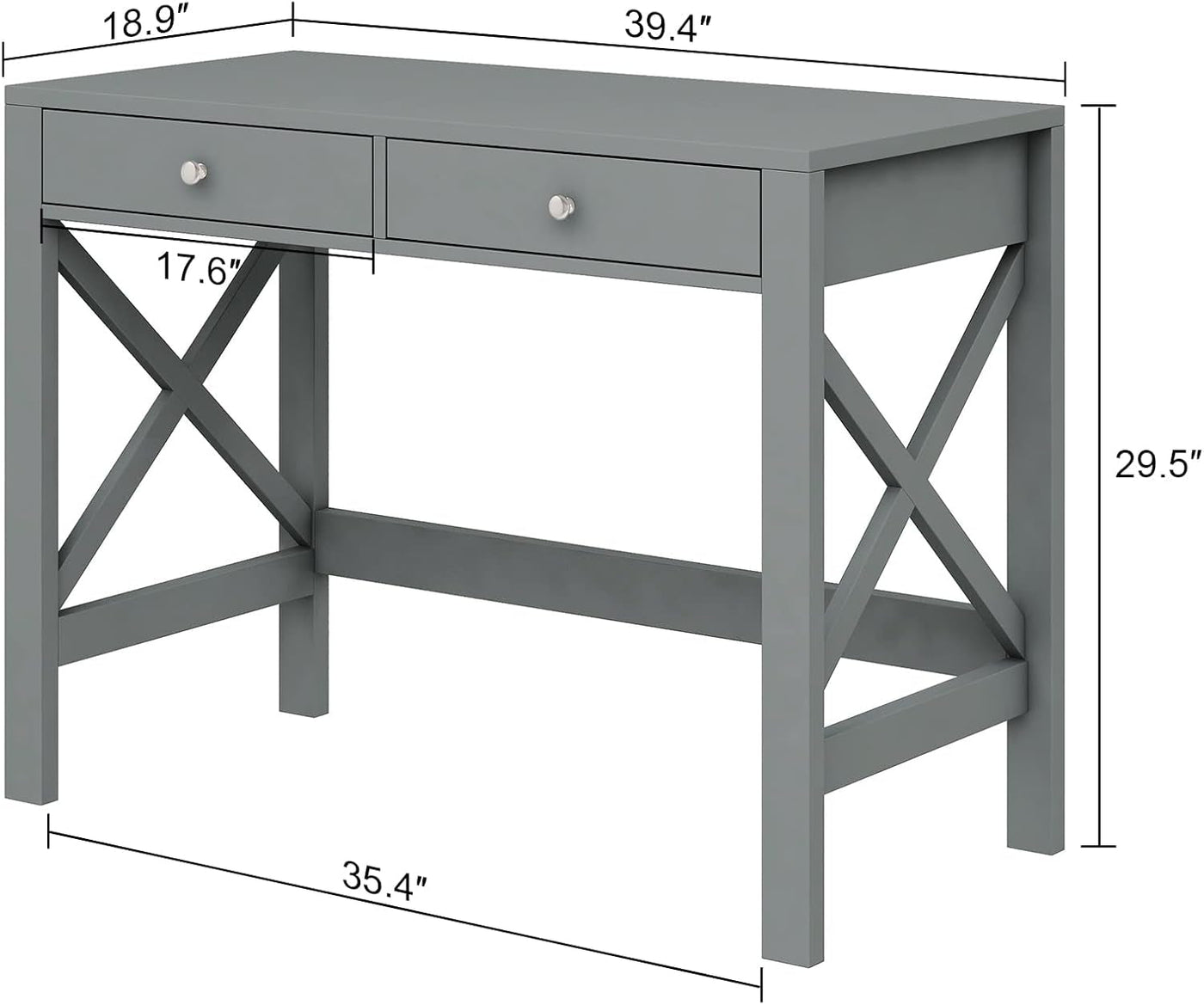 Grey home office desk with two drawers and cross X-frame legs for a sturdy workspace.