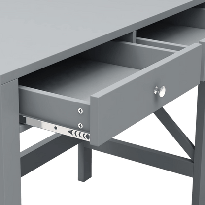 Farmhouse style office desk detail on a #f3f3f3 studio background