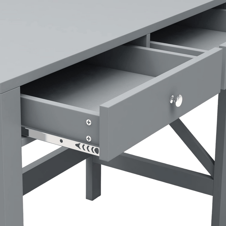 Grey home office desk with two drawers, sturdy computer table with an X-frame.