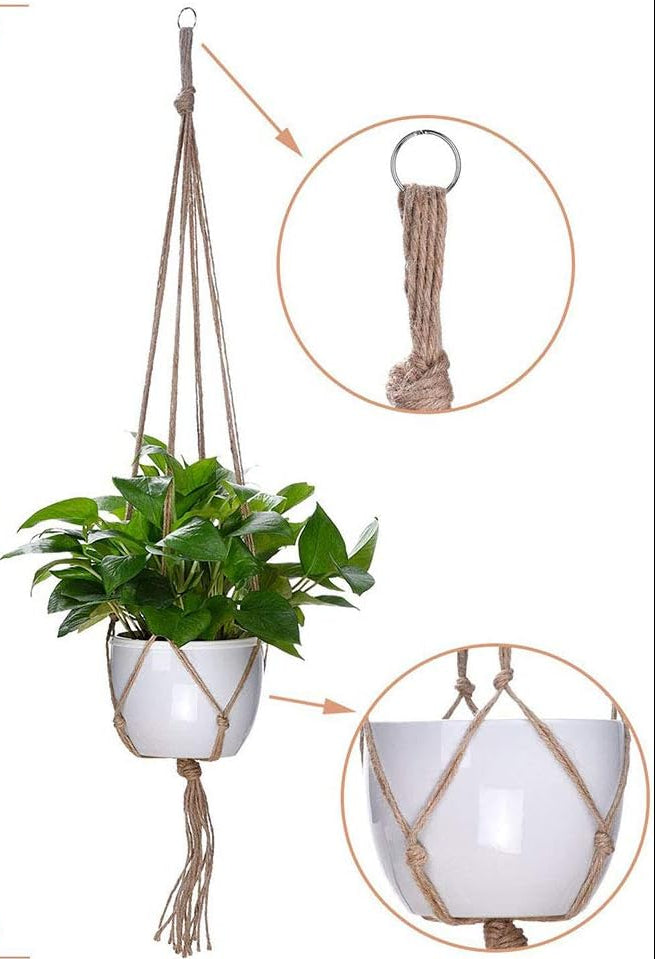 Hanging plant holder with a plant, showing details of material.