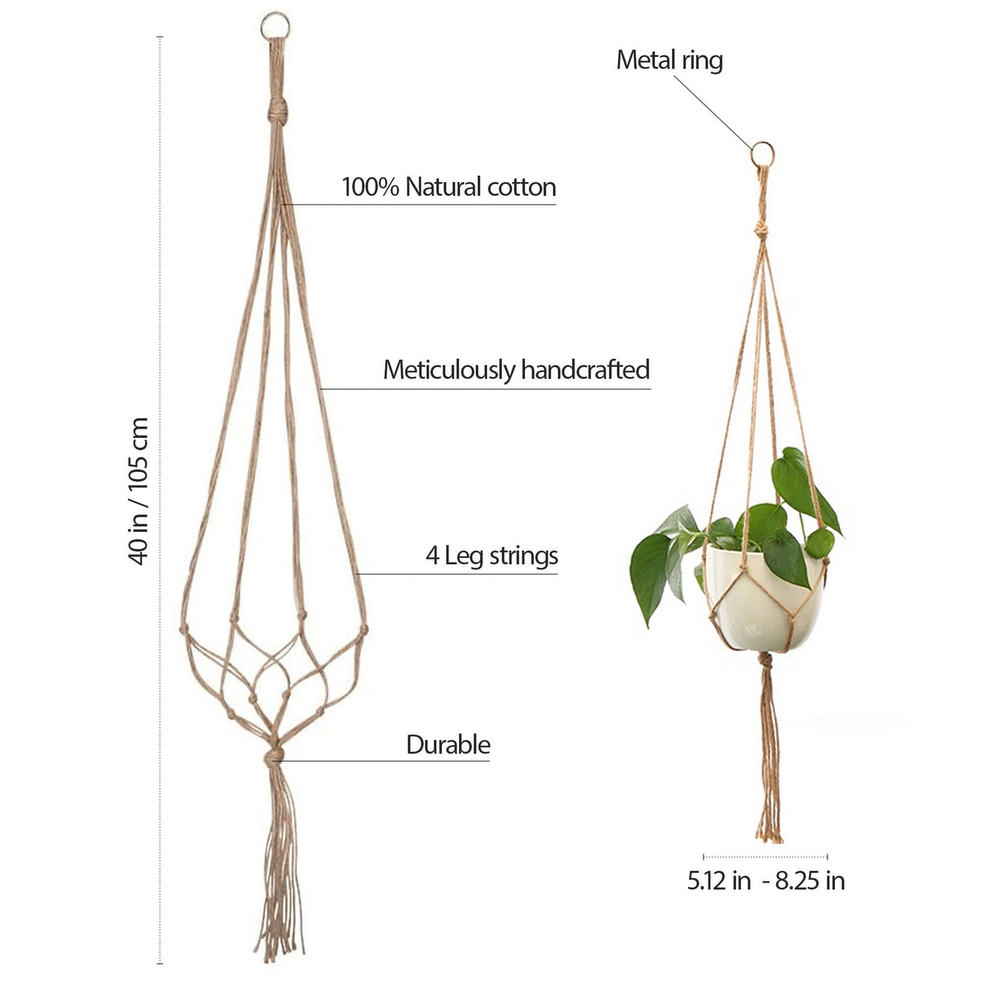 Hanging plant holder with measurements and features on a white background