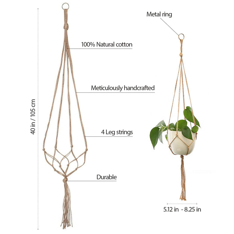 Hanging plant holder with measurements and features on a white background