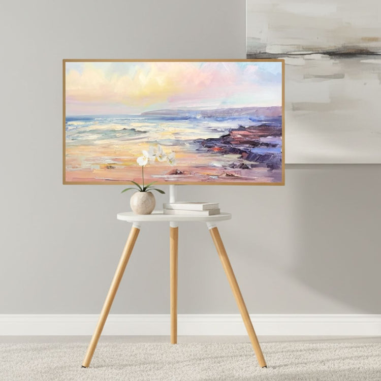 Height-adjustable tripod TV stand with white swivel wooden tray for 40-65 inch TVs, durable.