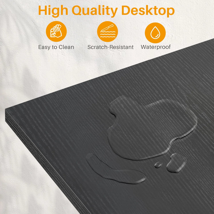 High quality desktop with features 'Easy to Clean', 'Scratch-Resistant', and 'Waterproof' displayed.