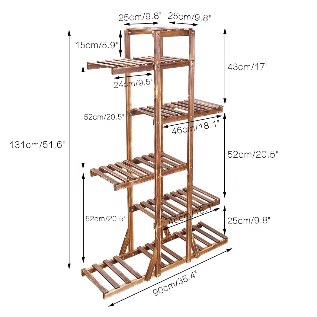 Indoor 6-tier pine wooden plant stand, easy assembly, vertical space-saving greenery decor.