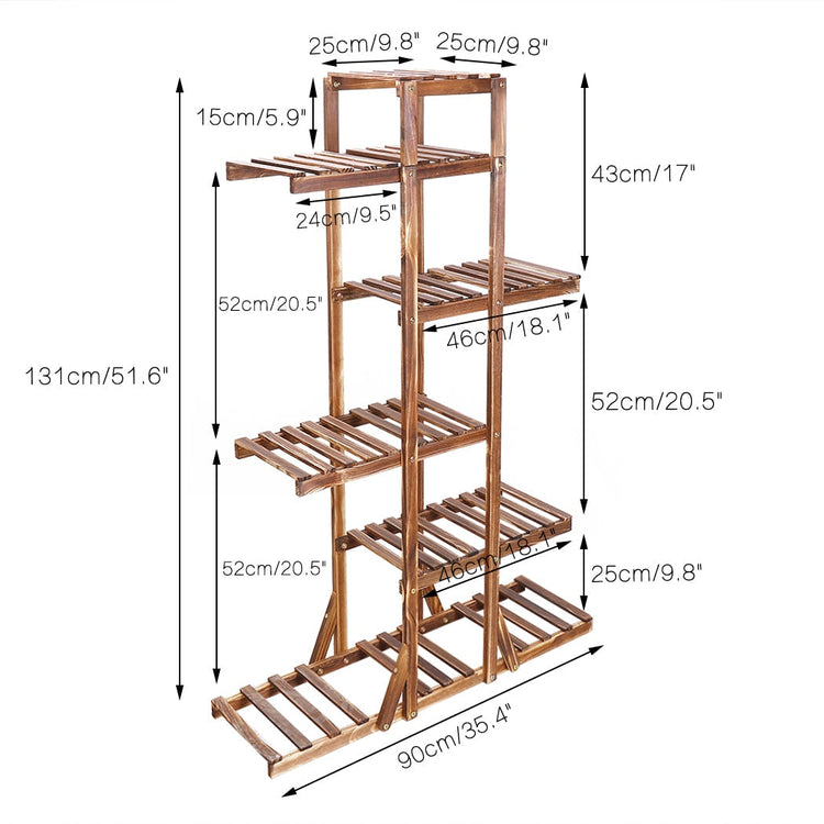 Indoor 6-tier pine wooden plant stand, easy assembly, vertical space-saving greenery decor.