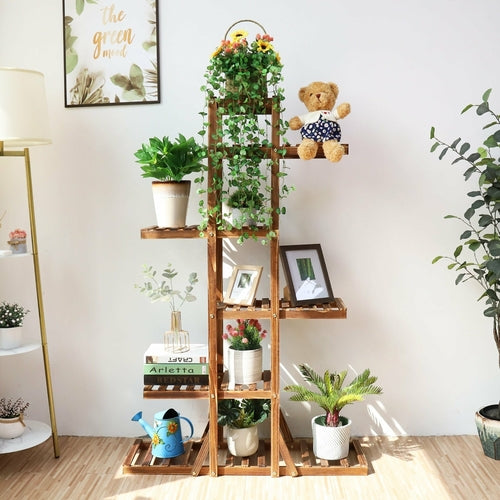 Indoor 6-tier solid pine wooden plant stand with vertical display and easy assembly for home decor.