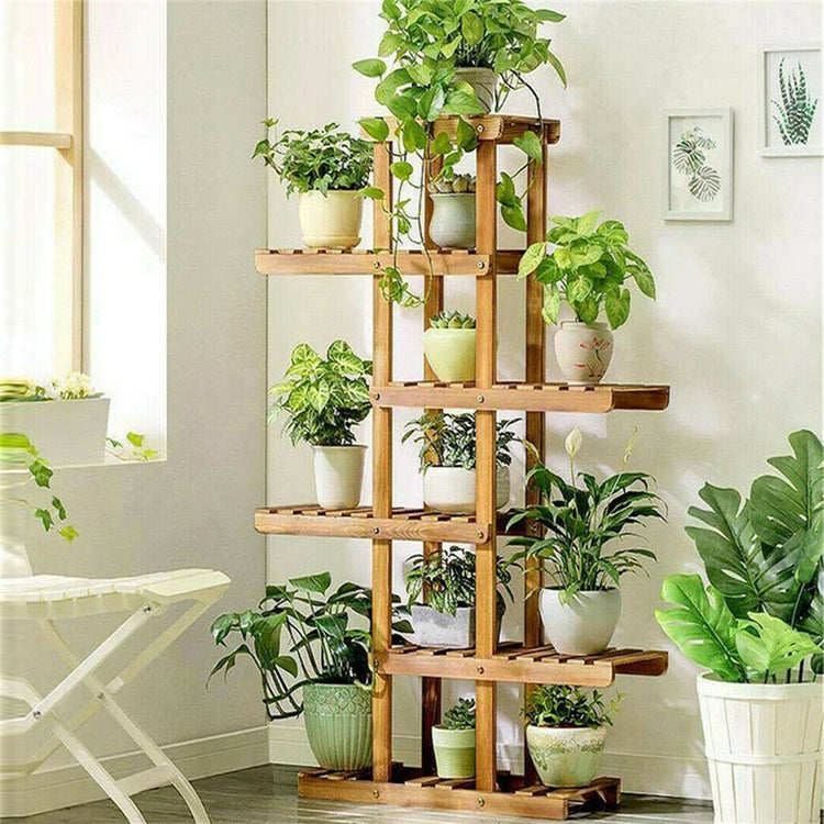 Indoor 6-tier wooden plant stand for vertical display; solid pine, space-saving, easy to assemble.