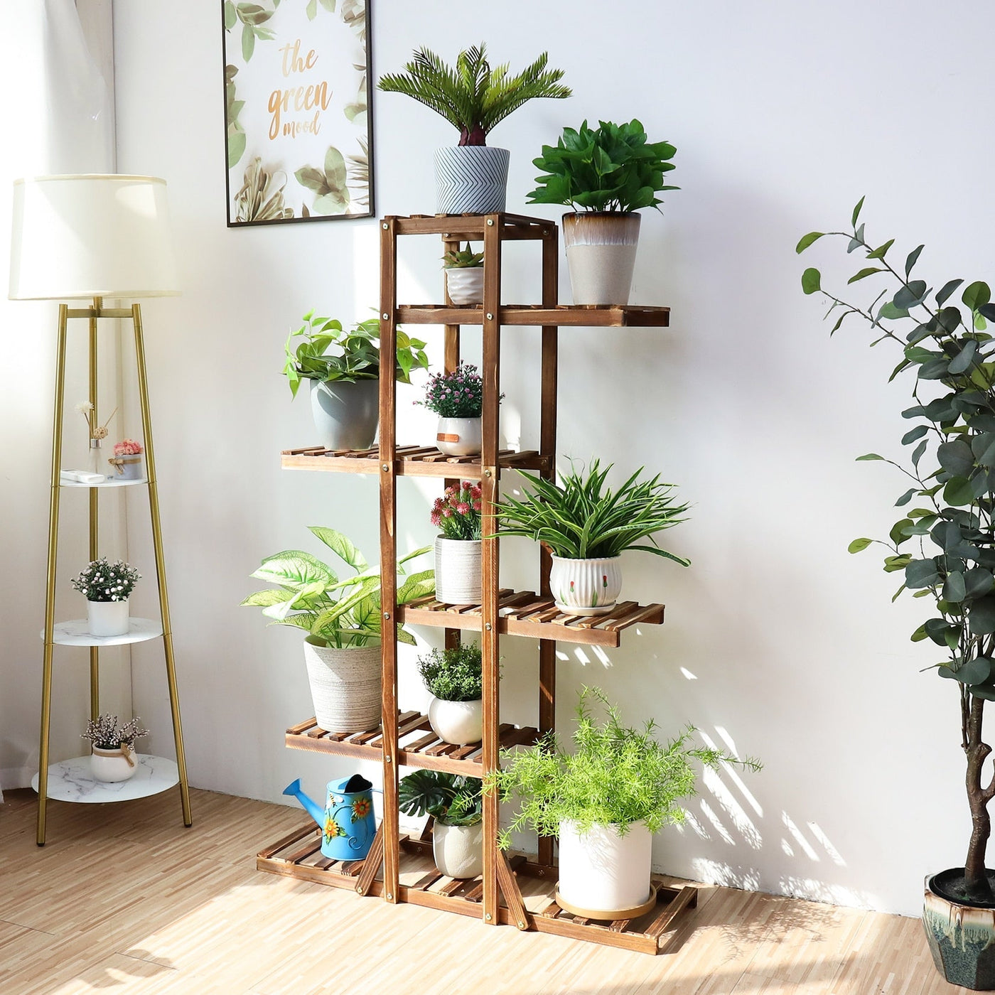 Indoor 6-tier wooden plant stand, solid pine, space-saving vertical display with multiple potted plants.