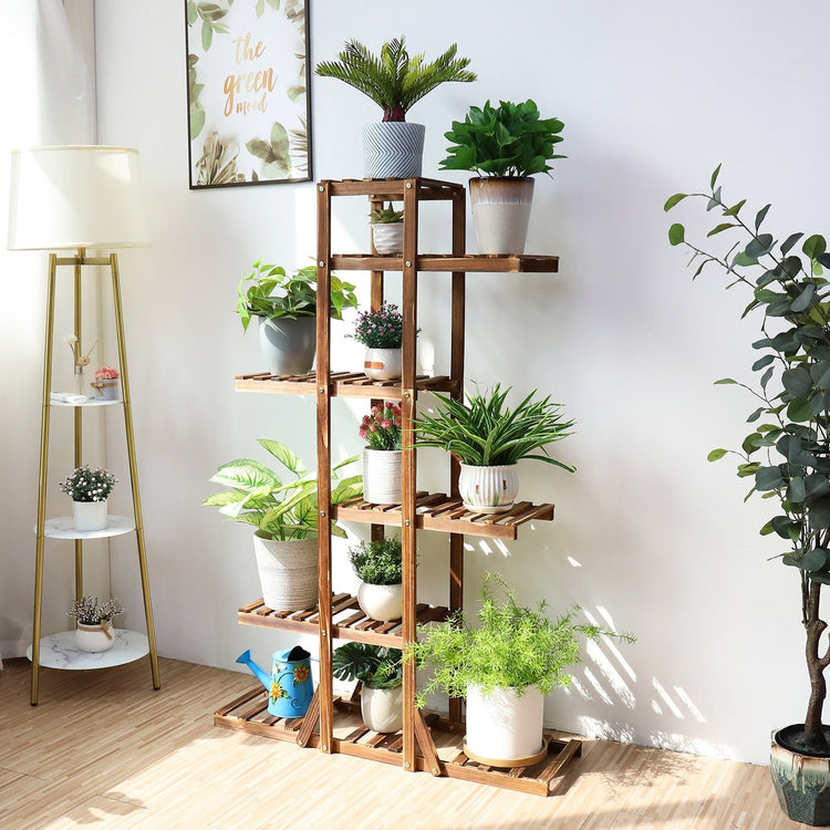 Indoor 6-tier wooden plant stand, solid pine, space-saving vertical display with multiple potted plants.