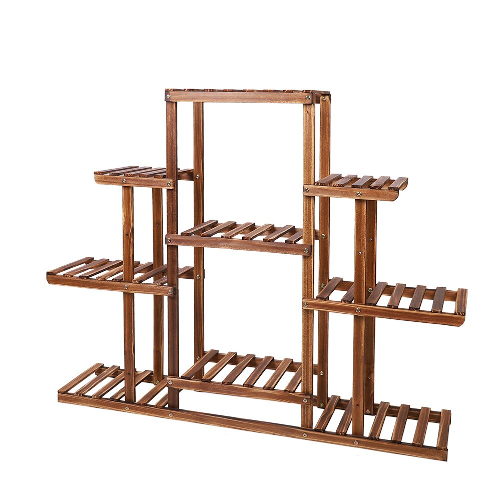 Indoor 9-tier wooden plant stand with a sturdy build and warm pine finish, multi-level shelves.