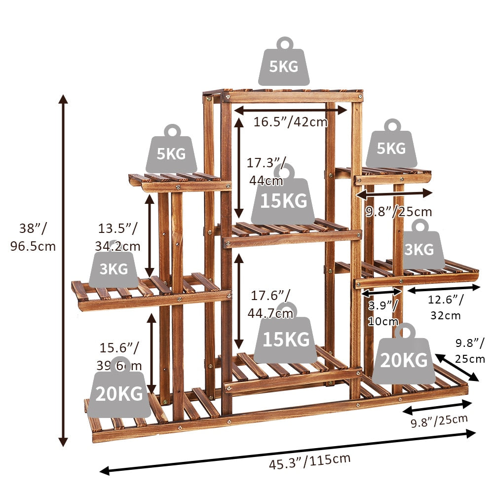 Indoor 9-tier wooden plant stand with a sturdy build for space-saving greenery display.