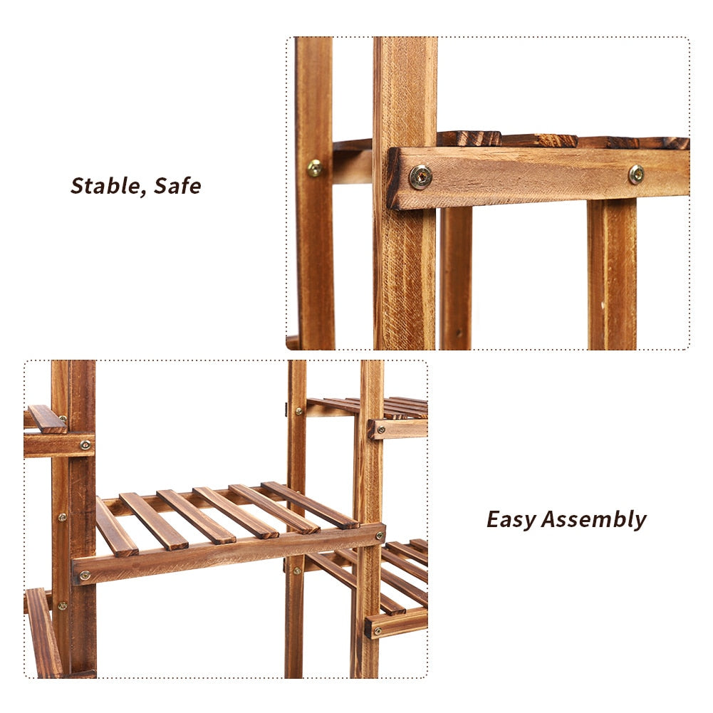 Indoor 9-tier wooden plant stand with a sturdy pine build for home decor and indoor greenery.
