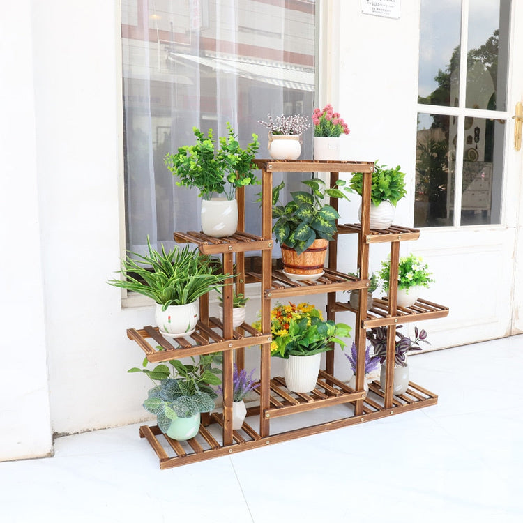 Indoor 9-tier wooden plant stand with sturdy build; space-saving pine-toned rack for living room greenery.